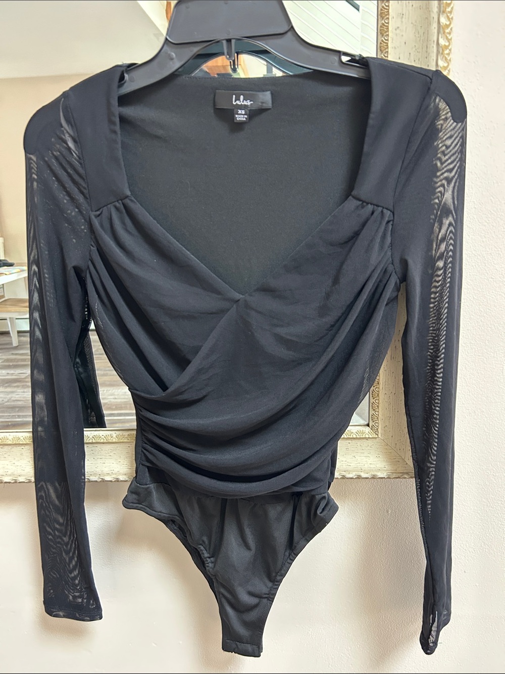 Lulu's Black Draped Wrap-Front Long Sleeve Bodysuit